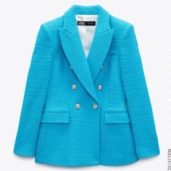 Zara Jackets & Blazers - Zara Bright Turquoise Double-Breasted Tweed Blazer